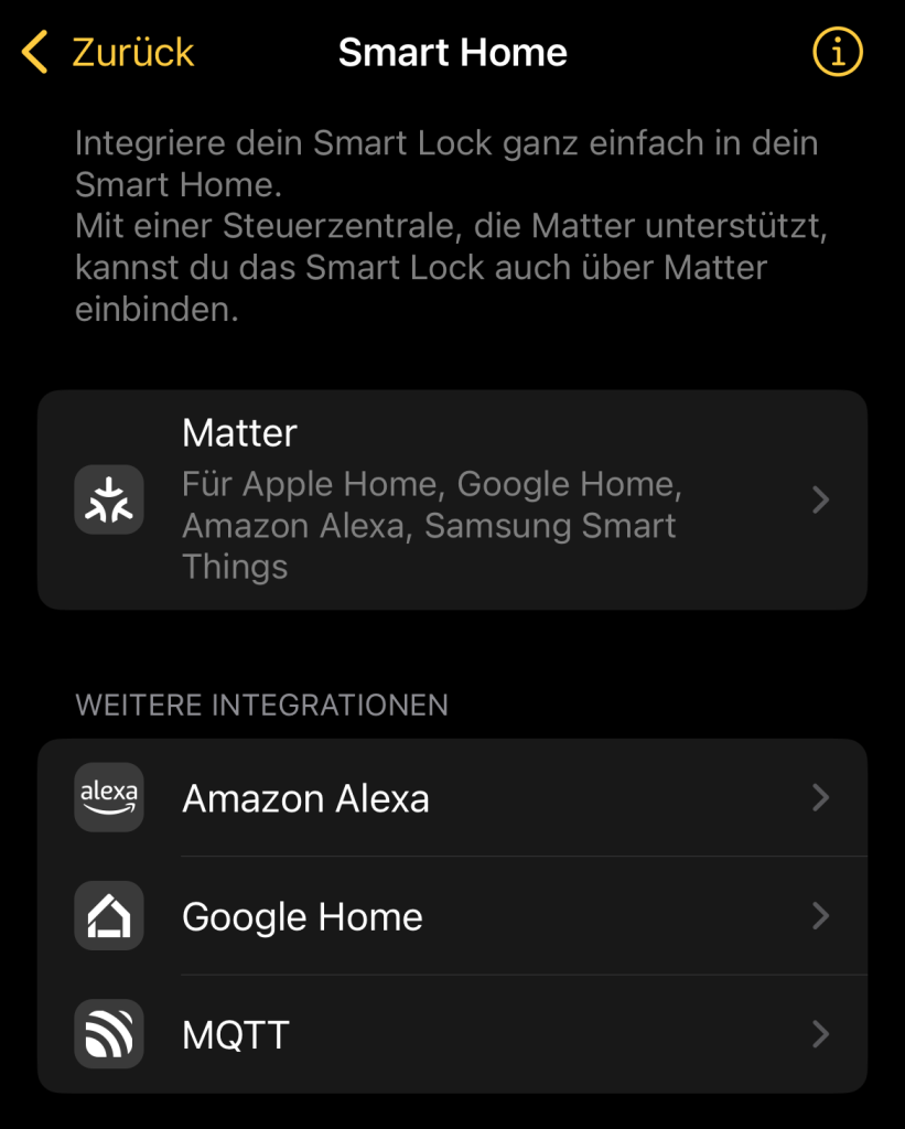 Screenshot der Geräteeinstellungen für das Smart Lock Pro (4. Generation), Unterpunkt "Smart Home": Es stehen zur Auswahl: Matter, Amazon Alexa, Google Home und MQTT.
