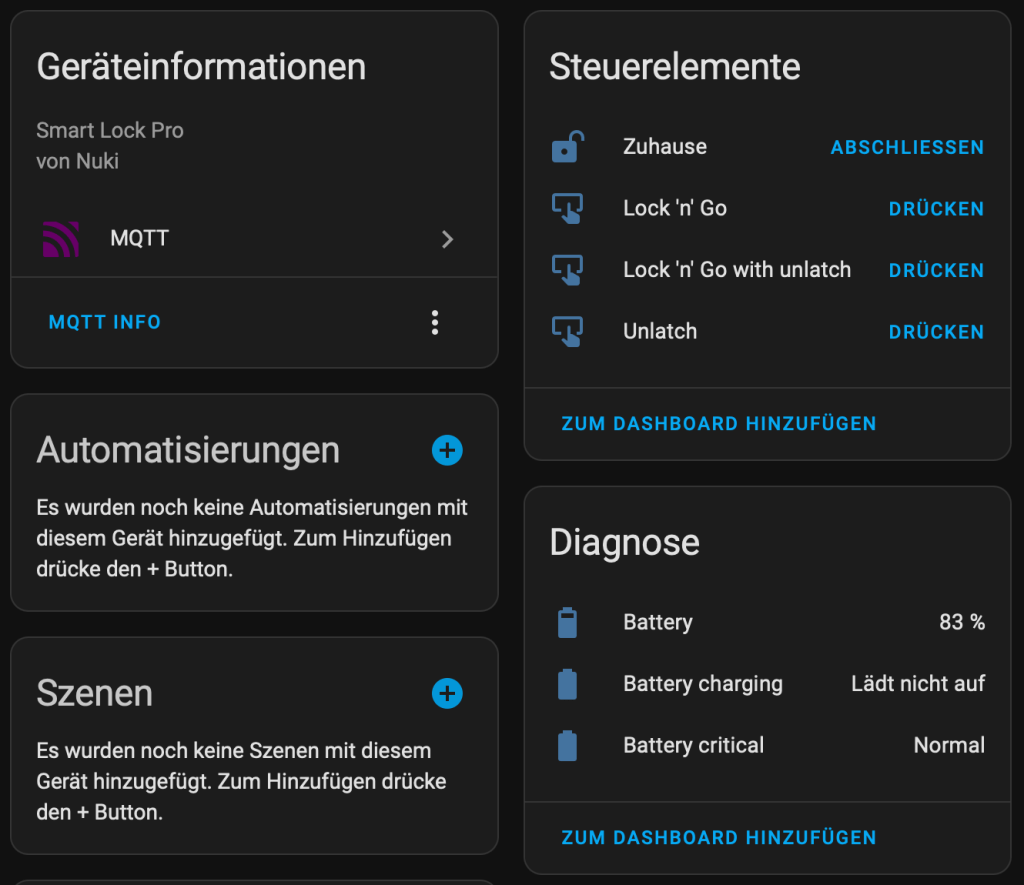 Screenshot der Gerätedetails aus Home Assistant. Steuerelemente für die verschiedenen Schließ-Funktionen, sowie Diagnoseinformationen, etwa zum Batteriestatus.