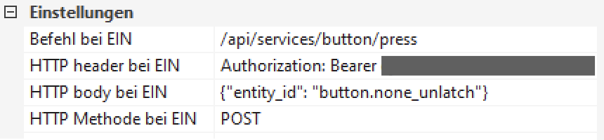 Screenshot der Konfiguration des virtuellen Ausgangs in der Loxone Config. Die URL lautet `/api/services/button/press`.